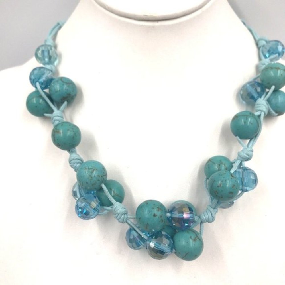 Blue Turquoise Faux Iridescent Beads Claw Clasp 18" Cord Necklace Faceted Silver